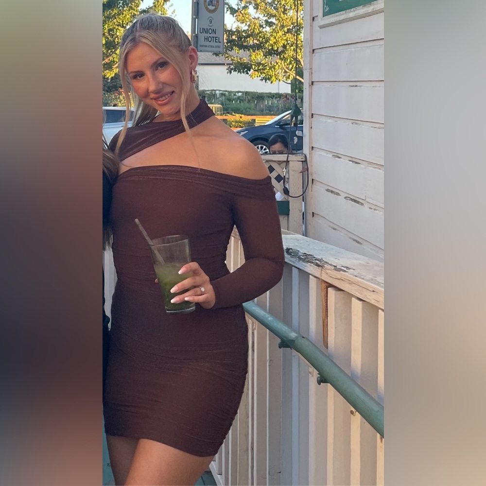 Ruched Sparkle Mesh Asymmetrical Long Sleeve Mini Dress